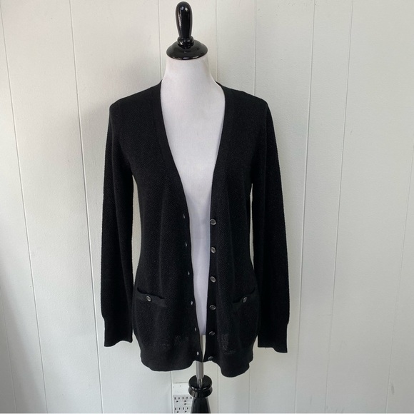 J. Mclaughlin Button Black Metallic Cardigan Sweater Women's Size Medium Long - Picture 11 of 15